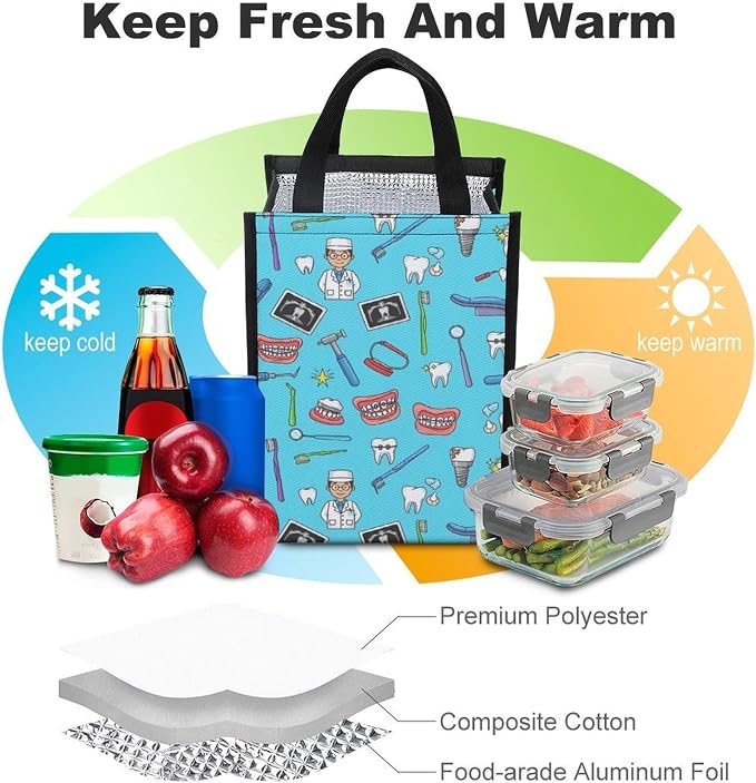 Portable Thermal Lunch Bag Insulated Lunchbox Travel Lunch Totes Compatible with Teeth Dental Blue Cooler Bags Food Container for Picnic Office