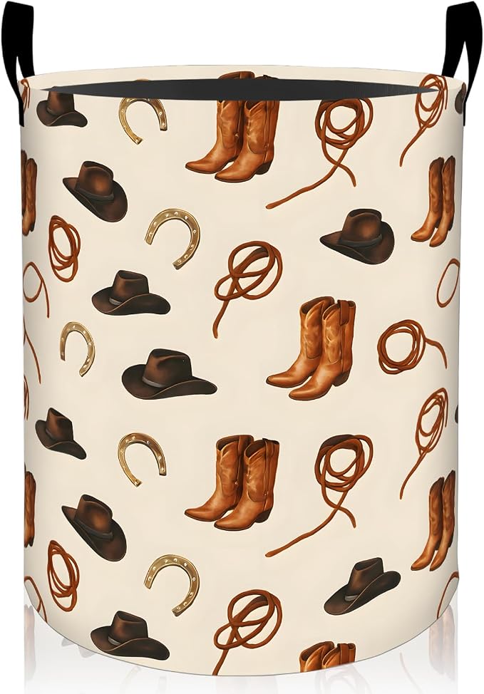 Western Cowboy Laundry Basket, Boot Hat and Rope Foldable Oxford Cloth, Waterproof Dirty Clothes Hamper with Handles, Clothing Storage Bin Toy Organizer for Bedroom Dorm Bathroom, 19.7"x15.7"