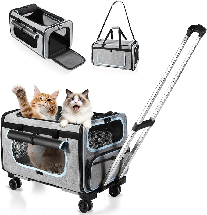 Large Pet Carrier with Detachable Wheels, 2 IN1 Foldable Soft-Sided Carriers- Designed for Dogs & Cats, Telescopic Handle, for Outdoor Car Indoor, Max. 44 LBS(Not for Airline)
