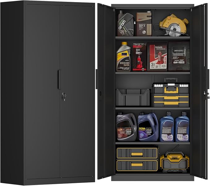 Metal Storage Cabinet with Doors and 4 Shelves, 72x34x18 Garage Storage Cabinets,Tall Black Locking Metal Cabinets with Lock for File, Office, Garage, Home
