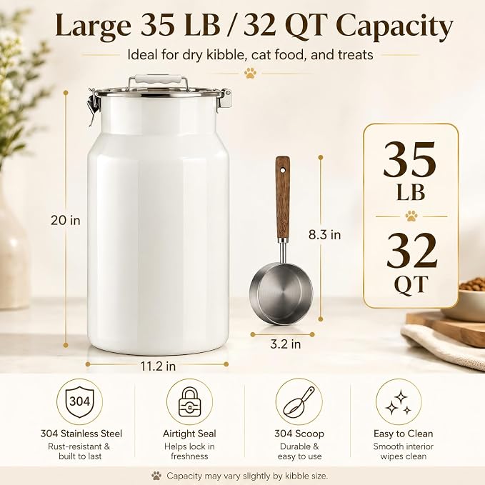 35 lb Dog Food Storage Container, Airtight 304 Stainless Steel Bin | 32 Qt capacity, locking lid, silicone seal ring, top handle, 1 cup scoop, for kibble, dogs and cats
