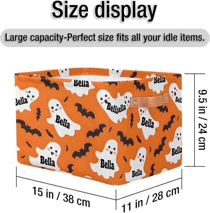 Personalized Storage Basket with Name, Halloween Ghost with Bat Orange Background Rectangle Toys Pet Dog Storage Bin with Handles for Baby, Boys, Girls, Collapsible Basket for Clothes, Books