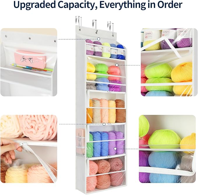 Yecaye Hanging Yarn Storage Organizer with 5 Zippered Closure Compartments, Heavy Duty Stuffed Animal Storage with Clear PVC, Dustproof Yarn Holder for Crocheting Storage, Ivory 5 Tier