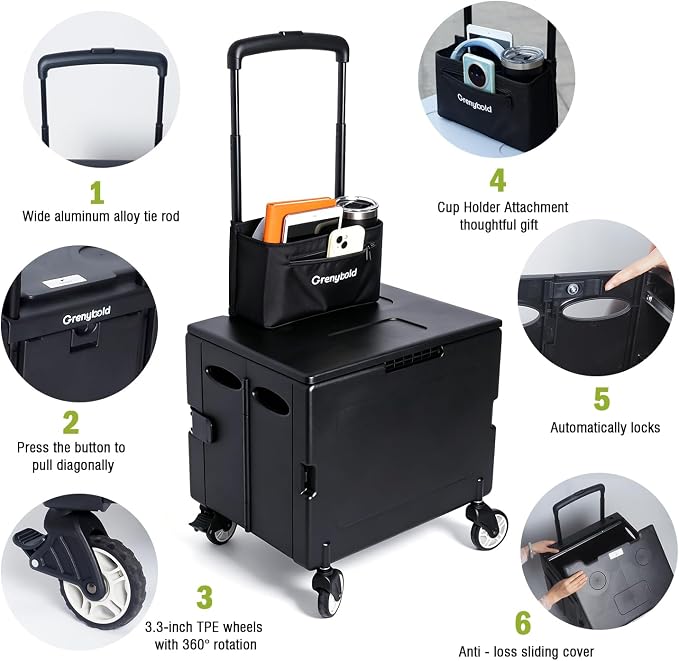 Foldable Utility Cart Portable Rolling Crate Handcart Shopping Trolley Collapsible Rolling Crate cart Tool Box, with Lid, Pull carts on Wheels, for Grocery, Shopping, Office, Teacher
