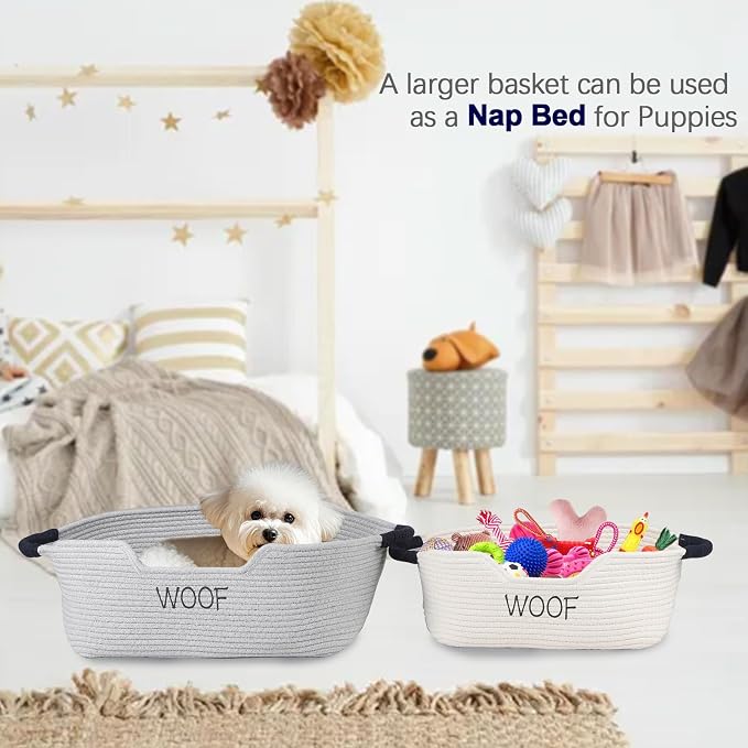 2 pack Dog Toy Baskets ,Pet Rope Basket for Dog Cat Toys,Dog Toy Bin with Handles,Woof Puppy Toy Storage Basket,Puppy Bed,Dog Stuff Organizer for Toys,Collar,Leash,Nursing Supplies-Beige+Gray