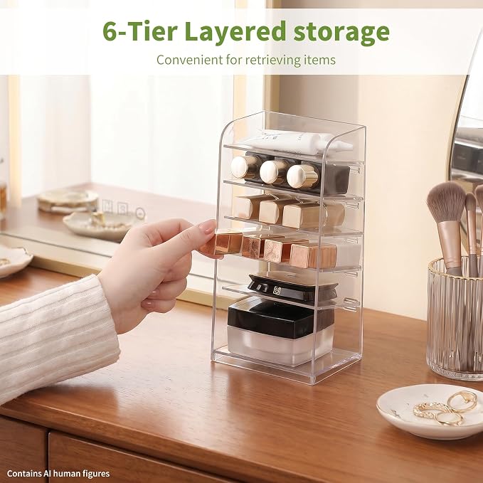 6-Tier Medicine Cabinet Makeup Organizer | Adjustable Dividers, 9° Secure Hold, Clear Quick Access, Non-Slip Mats, For Vanity & Drawer Storage Lipstick/Powder/Eyeshadow