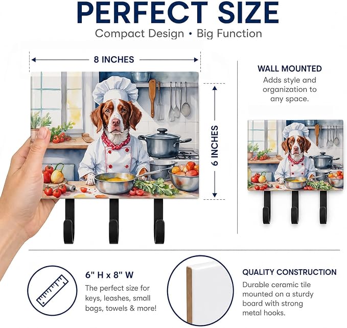 Caroline's Treasures Brittany Spaniel The Chef Leash or Key Holder Wall Hooks, Key Hooks Holder, Coat Rack Wall Mount, Coat Hooks, Hooks for Hanging Keys, Towels, Aprons, Leashes | Brittany Spaniel The Chef artwork on ceramic tile with three steel hook...