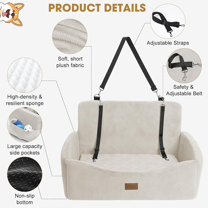 JOEJOY Dog Car Seat for Large Medium Sized Dogs Under 55 lbs, Dog Booster Seat for 2 Small Dogs with Detachable Washable Cover, Memory Foam Pet Car Seat with 2 Safety Belts and Storage Pockets