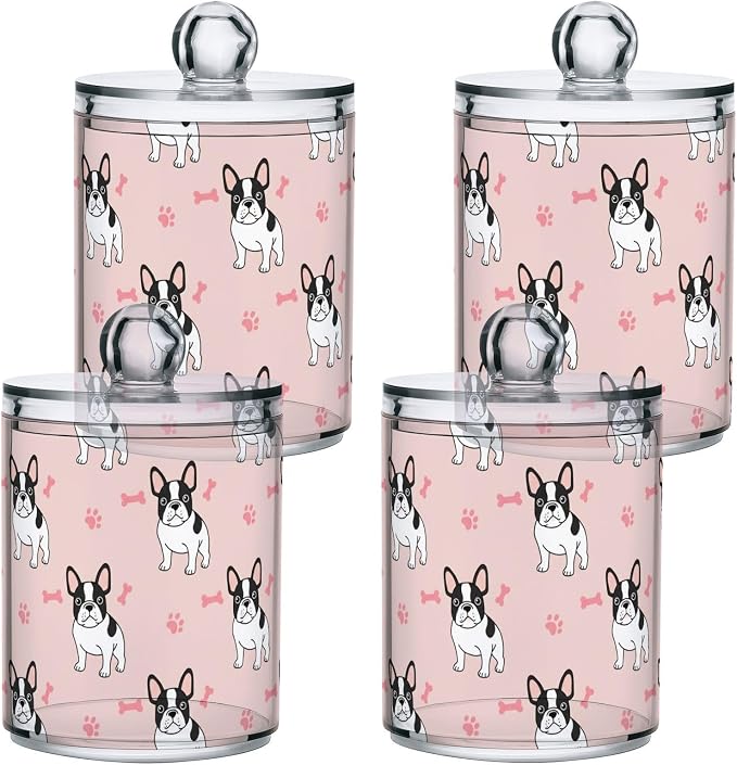 DOMIKING 2 Pack Plastic Cotton Swab Ball Pad Holder Dog Pink Pets Print Jars Bathroom Storage Organizer Bathroom Jars with Lid for Cotton Rounds Floss Picks Hair Accessories
