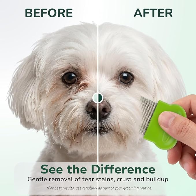 Pets&Goods Tear Stain & Flea Remover Comb Set for Dogs & Cats – Stainless Steel Eye Grooming Tool for Stains, Crust & Mucus – Gentle, Safe, Reusable – Pack of 2 (Green)