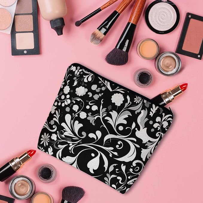Makeup Bag Floral Makeup Bags For Purse Pouch, Vintage Mandala Flower Swirl Black White Travel Toiletry Bag Cosmetic Bag Makeup Bags Flax Makeup Organizer Bag Pencil Pouch For Man Woman
