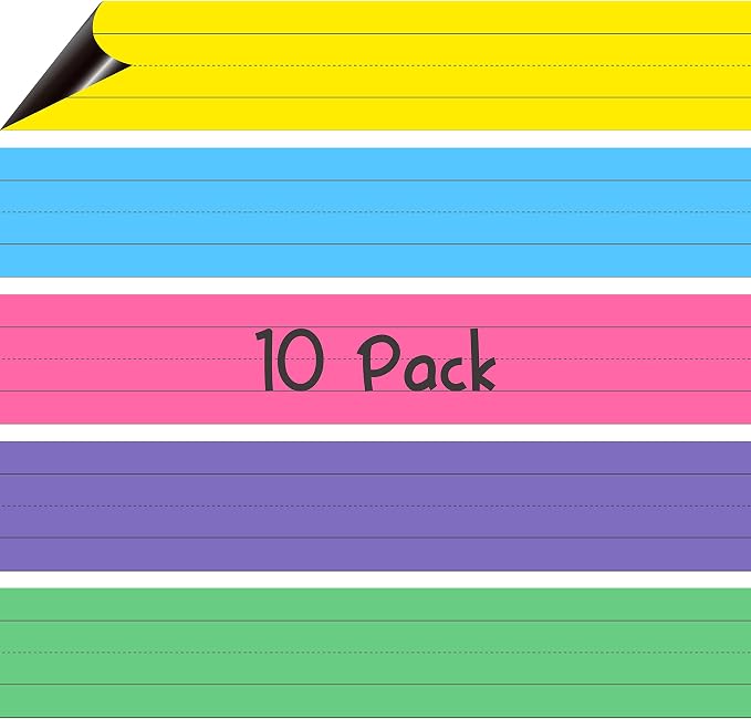 10 Pack Magnetic Sentence Strips, 5 Colors Ruled Writing Strip Dry Erase Sentence Learning Strip for School, Office, Classroom Supplies (Yellow/Pink/Blue/Green/Purple, 17” x 3”)