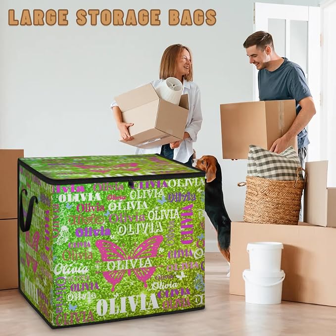 Custom Comforters Storage Basket with Lid, Personalized Name Large Organizer Bin for Pet/Children Toys, Books, Clothes, Perfect for Rooms/Playroom, Bright Lime Yellow Glittert with Butterflies