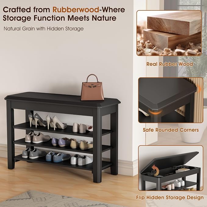 IUNVR Shoe Rack Bench Seat Rubberwood 3-Tier Wooden Storage Bench 550lbs Compact Mid-Century Modern Design for Entryway, Hallway, Closet, Front Door Entrance, Foyer