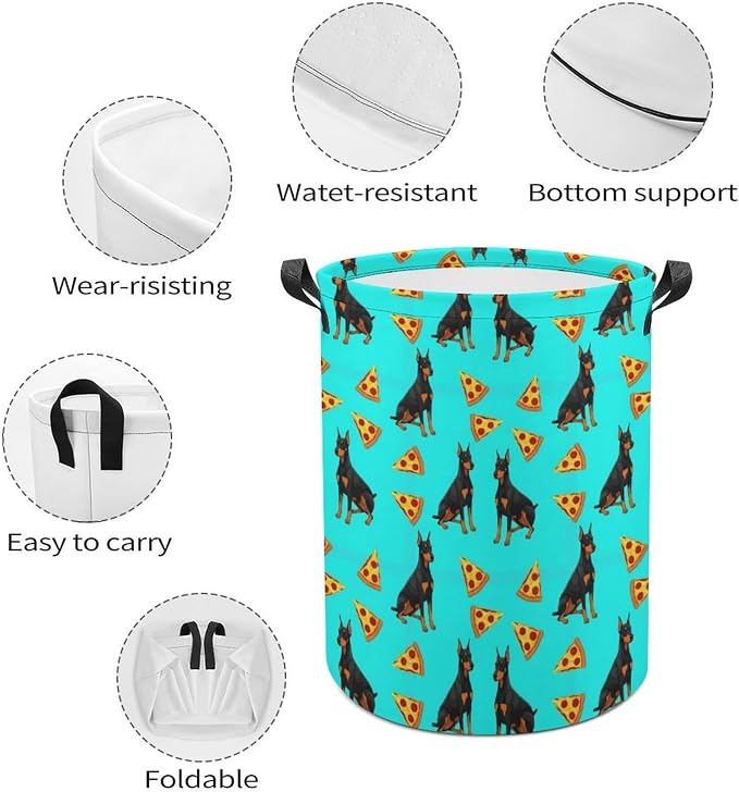 Large Laundry Basket with Handles Doberman Pinscher Turquoise Pizza, Collapsible Waterproof Hamper for Clothes, Toys, and Towel Organization at Home