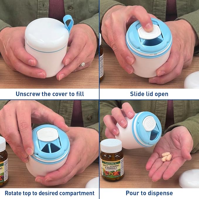 Ezy Dose Mini Vitamin Organizer, Multi Compartments, White & Blue, Large | Portable and Compact Design, Easy Access Sliding Pill Dispenser, Supplement Organizer with Anti-Mix Design, Travel Friendly