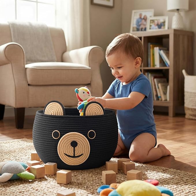 CherryNow Large Baby Basket for Gifts Empty, Cute Bear Design, Black | 15.7" x 10.5" Baby Shower Basket for Kids Boys Newborn Storage, Woven Rope Toy Basket, Fits Living Room Nursery Décor