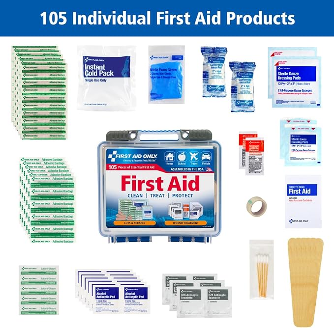 First Aid Only 91249 On-The-Go All-Purpose Emergency First Aid Kit for Car, Travel, Home and Business, 105 Pieces
