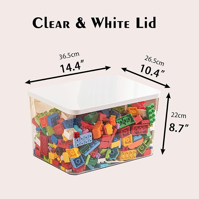 Clear plastic storage bins with LIDS,storage containers for snacks, cosmetics, books, dog food, Storage Organizer for Nursery，Kitchen, Living room,Bedroom, Bathroom, Office (Clear-White Lid, 4XL)