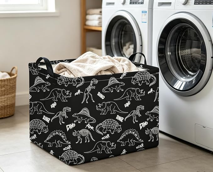 Rectangle Storage Basket with Handles,Collapsible Storage Bin,Books Box,Gift Basket(Black Line Dinosaur)
