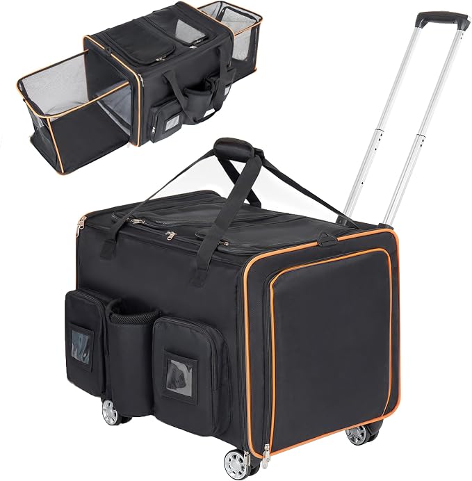 Expandable Pet Carrier with Wheels, 3-in-1 Rolling Dog and Cat Travel Crate, Padded Handle Telescoping Mesh Luggage Bag for Road Trip Vet Visits