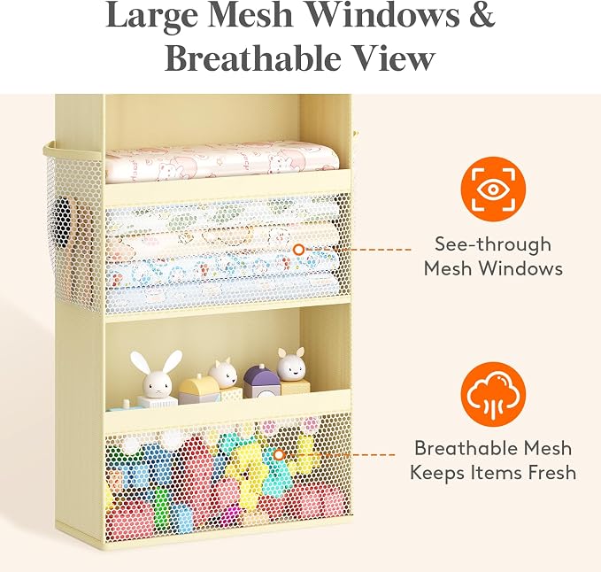 Lifewit 5 Tier Over the Door Organizer, Diaper Hanging Storage, Beige | Nursery Sturdy Large Heavy Duty Back of Door Shelf with 4 Mesh Side Pockets, for Baby Stuff Toy in Pantry, Laundry, Bathroom