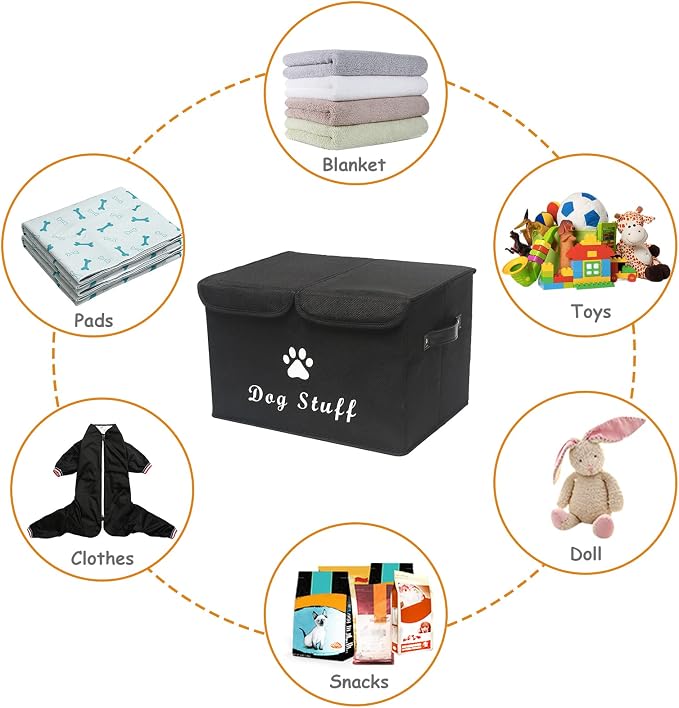Large Storage Boxes - Large Linen Fabric Foldable Storage Cubes Bin Box Containers with Lid and Handles for Dog Apparel & Accessories, Dog Toys(Black)