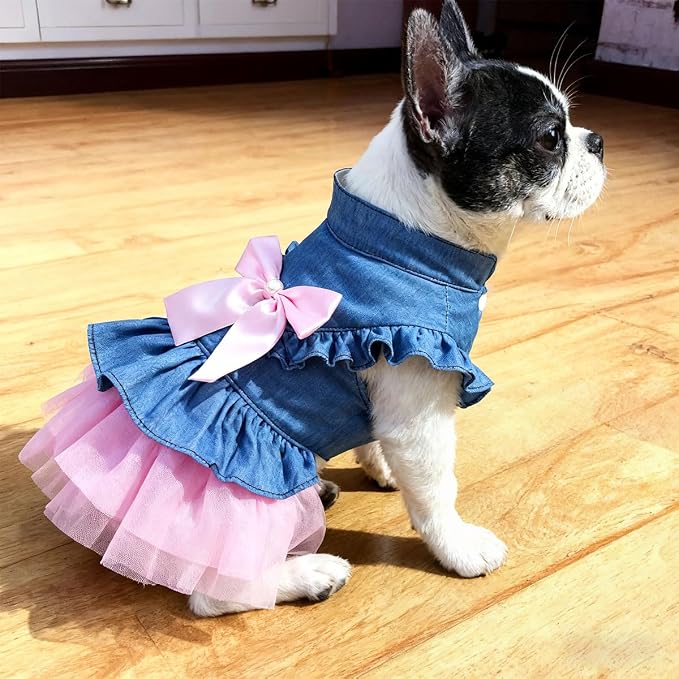 Dog Cat Denim Tutu Dress, Princess Puppy Kitten Outfit with Pearl Bow & Stand-Up Collar, Sleeveless Pet Clothes for Wedding Birthday Party, Easy Front Snap Closure for Chihuahua(Pink-Denim, X-Large)