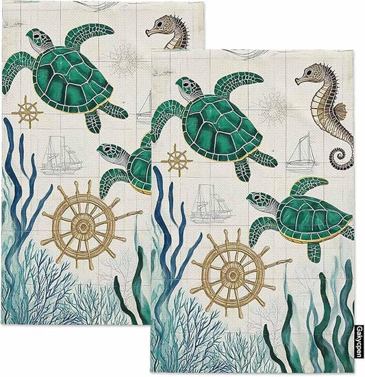 Sea Turtle 2Pcs Kitchen Towels Ocean Turtles Starfish Map Vintage Sea Horse Coral 16X24 Inch Ultra Soft Tea Towel Super Absorbent Terry Dish Towels for Kitchen Linens