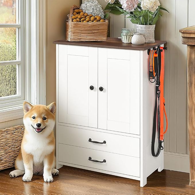 Dog Food Storage Cabinet, Modern Dog Feeding Station with 2 Adjustable Dog Bowls,Hidden Pet Feeder Station Wood, Dog & Cat Storage Organizer, for Feeding & Watering Supplies, White