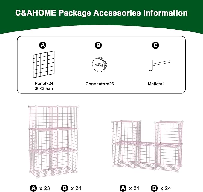 C&AHOME Wire Cube Storage, 6 - Cube Organizer Metal C Grids, Units, Pink | Modular Shelves Units, Closet Organizer, Storage Bins Shelving, Ideal for Home, Office, Living Room