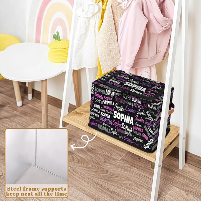 Personalized Foldable Storage Basket with Name, Black with Colorful Names Zipper Lid Laundry Hamper Dirty Clothes Pet Toys Storage Bin with Handles for Shelf Home Closet Kitchen