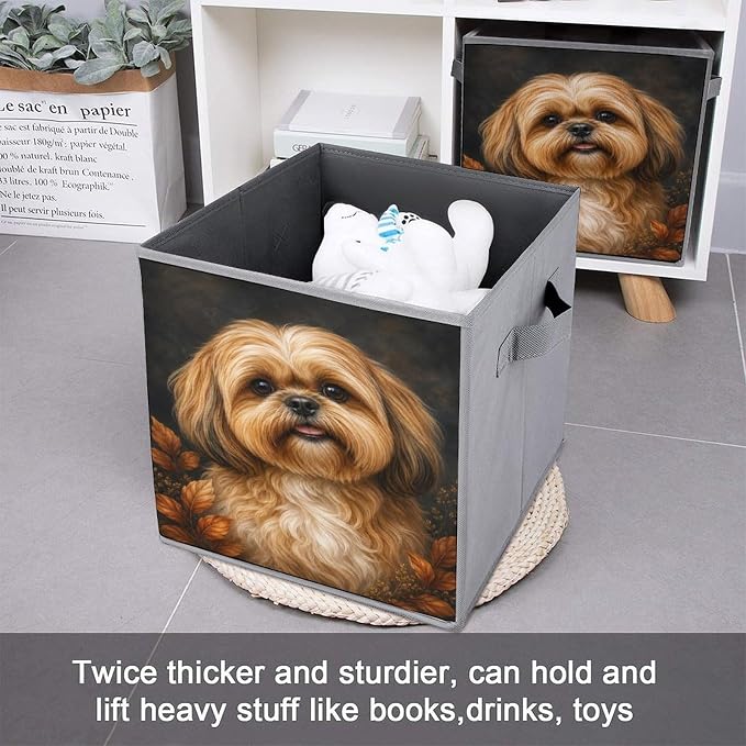 Shih Tzu Dog Portrait Autumn Leaves Storage Bin with Handles, Oxford Fabric Foldable Storage Cube Organizer for Clothes, Towels, Bedroom, Living Room, Home Organization