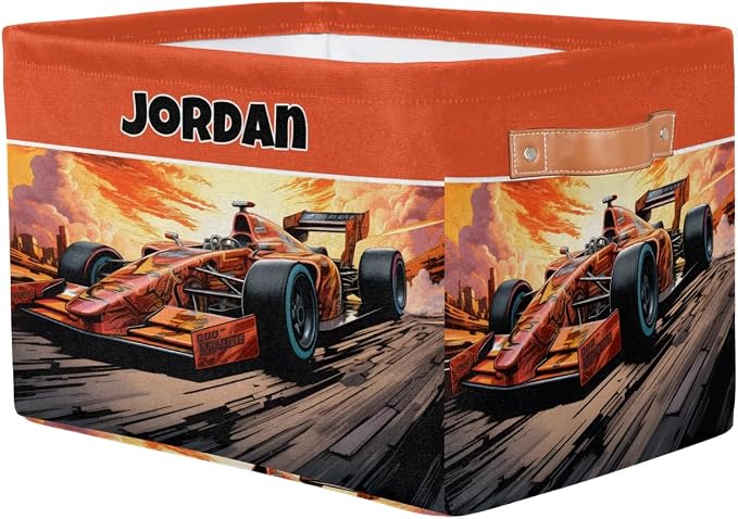 Custom Storage Baskets Named, Personalized Storage Bin Basket Boxes PU Leather Handles for Clothes Bedroom Closet Organizing Toys Books Shelves, Racing Car Background