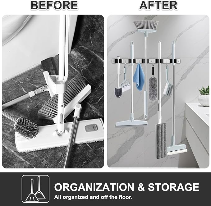 HANZENMA Broom Holder Wall Mount, Broom Organizer Wall Mount Stainless Steel Broom and Mop Hanger Heavy Duty Storage Organization for Home Kitchen Garden Garage Room 5 Racks 4 Hooks