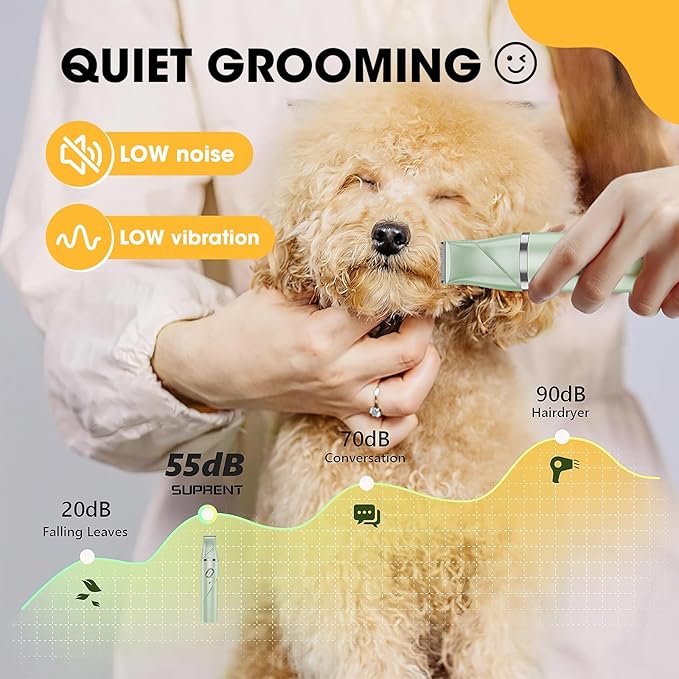 QREEYX Upgrade Dog Grooming Kit, Cordless Dog Paw Trimmer, 4 in 1 Low Noise Pets Hair Clipper Grooming Kit, 2-Speed Nail Grinder with Stainless Steel Blade for Small Pet with Thick Coats (Green)