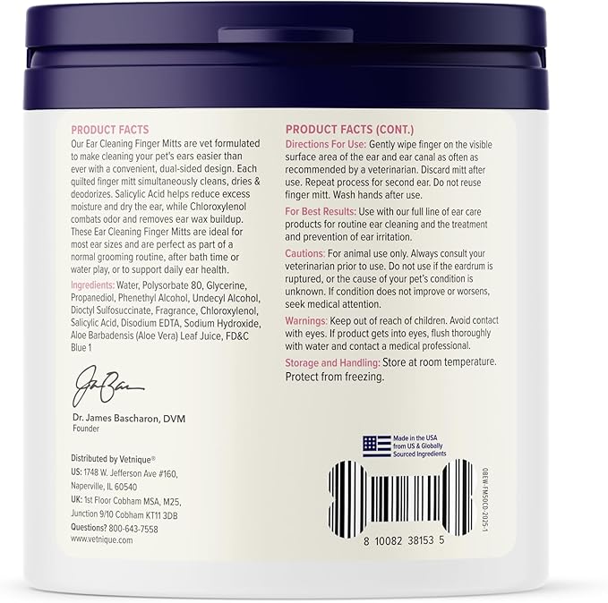 Vetnique Oticbliss Cat & Dog Ear Wipes - Dog Ear Infection Wipes or Dog Ear Cleaner Wipes for Dirty, Waxy, Smelly Ears, Odor Control with Aloe Vera & Salicylic Acid (Fingermitt Ear Wipes (50ct))