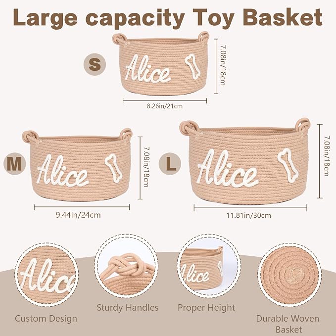 Personalized Dog Cat Toy Basket w/ Embroidery Name, Puppy Storage Bins | Customized Kitten Cute Handmade Cotton Rope Organizer for Snacks, Pet Supplies, Easter Birthday Gifts Basket for Pets