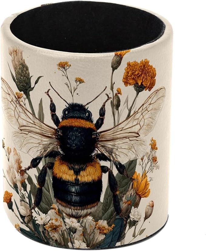 Faux Leather Pen Holder for Desk, Pencil Organizer Cute Bee Pen Cup Desk Decor Makeup Brush Holder Storage for Office Home