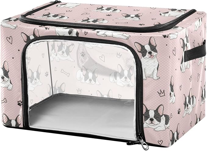 Cute Pet Dogs Pink pattern Under Bed Storage Containers with Double Zipper Openings, Foldable Clothes Storage Bins with Clear Window and Handles for Comforters Blankets Bedding