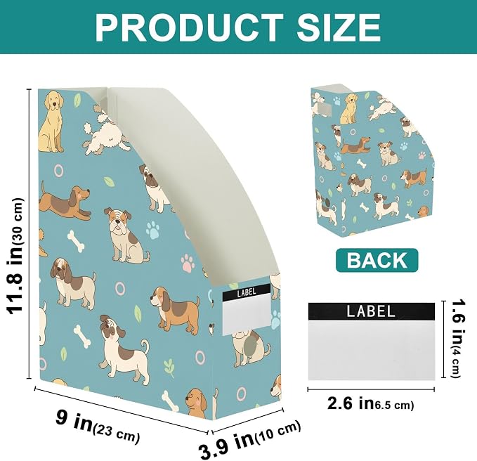 Emelivor Pets Blue Dogs Print Magazine Holder Set of 3 Desk File Organizer Foldable Vertical Folder Holder with Labels for Office Organization File Box for Library Classroom Home