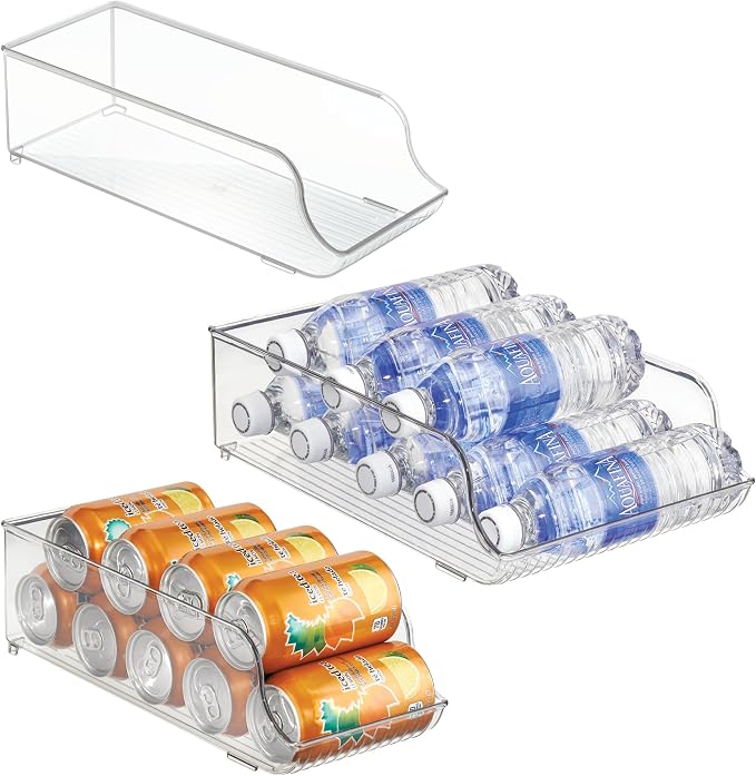 iDesign Water Bottle Organizer and Soda Can Dispenser for Refrigerator or Pantry - Set of 3 - Clear