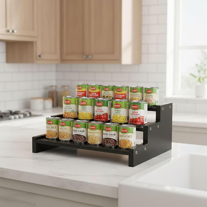 Black Bamboo Can Organizer for Pantry, 3-Tier Countertop Storage Rack for Canned Food, Soda, Soup and Pet Food, Tiered Cabinet Shelf Display