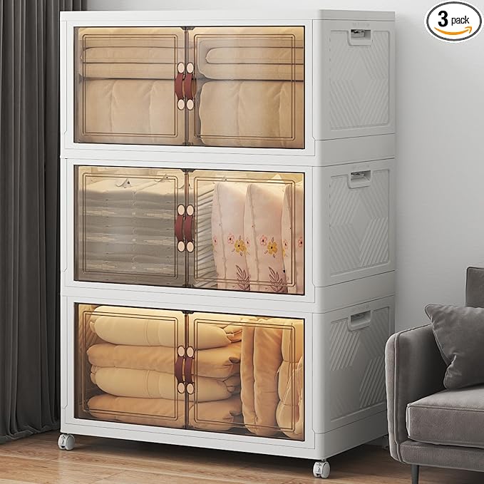 Stackable Storage Bins with Lids, 540QT Lockable Storage Cabinet | Folding Storage Box with Doors and Wheels, Collapsible Plastic Drawers for Home, Garage, Office