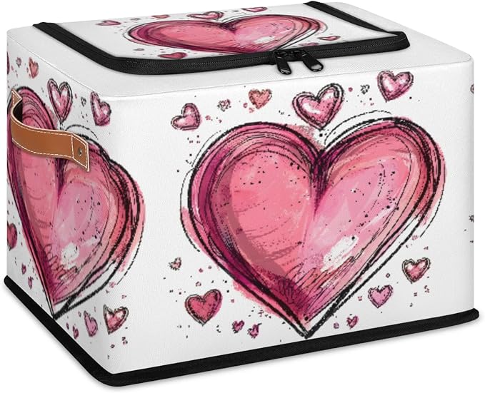 Pink Heart Storage Bins With Zipper Lid, Collapsible Trunk Organizer, Car Organizers and Storage Bins with Lids, Valentine‘s Day Decorative Storage Boxes with Handle, Home Storage Baskets