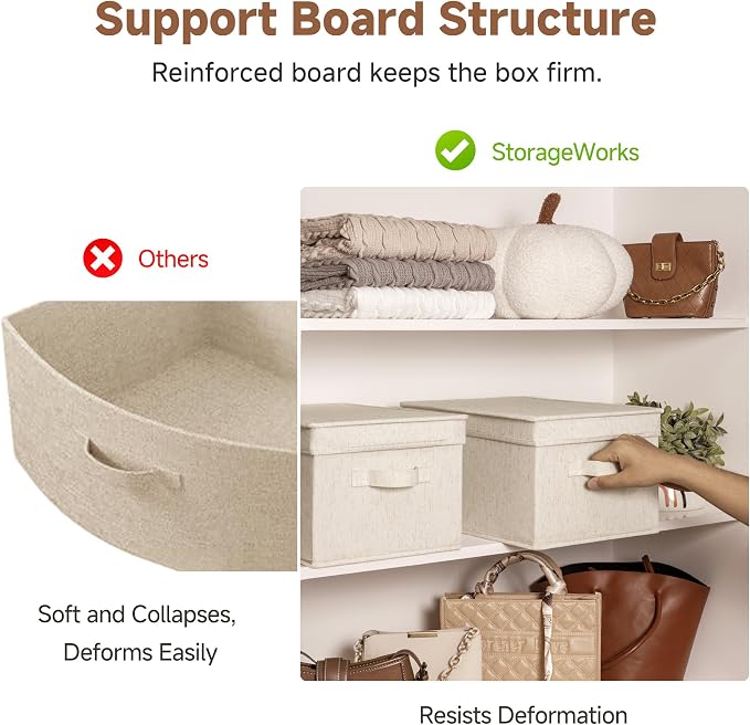 StorageWorks Fabric Storage Bins, Storage Basket with Lid, Closet Bins | Lidded Dust-proof, Easy Pull Handles, Foldable, Stackable, Ideal for Clothes Blanket Towel, Large, Rustic Linen, 3-Pack