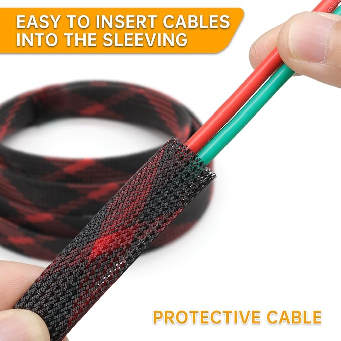 Braided Cable Sleeve, 33ft Expandable Wire Loom for Automotive Wiring Harness & PC Case, Pet-Proof Chew Resistant Cord Protector, Flexible Cable Management (Black-Red, 6mm (1/4"))