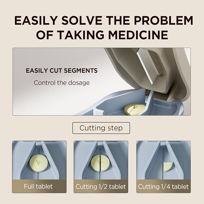 Pill Cutter for Small and Tiny Pills - Pill Splitter with Detachable Silicone Pad - Easy Open Snap Button. Wrap-Around Blade Guard Prevents Cuts. Back Storage (White)