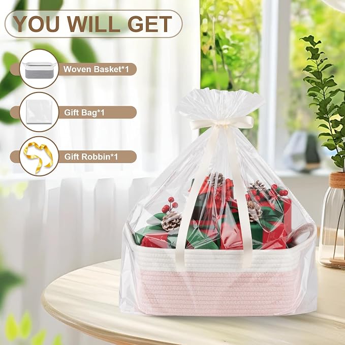 OIAHOMY Woven Basket, Gift Basket Empty with Gift Bags and Ribbons, Rope Baskets for Baby Showers, Storage Baskets with Handles for Nursery, Pet Toy Organizer - Pink & White