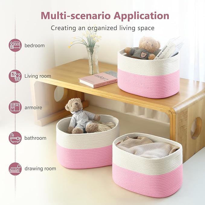 ECDYQXVU 15x10x9 Inch Woven Cotton Rope Storage Basket, 2 Pack | Foldable Design, Built-in Handles, Space-saving Organizer for Living Room, Bedroom, Laundry, Shelves, Clothes, Towels
